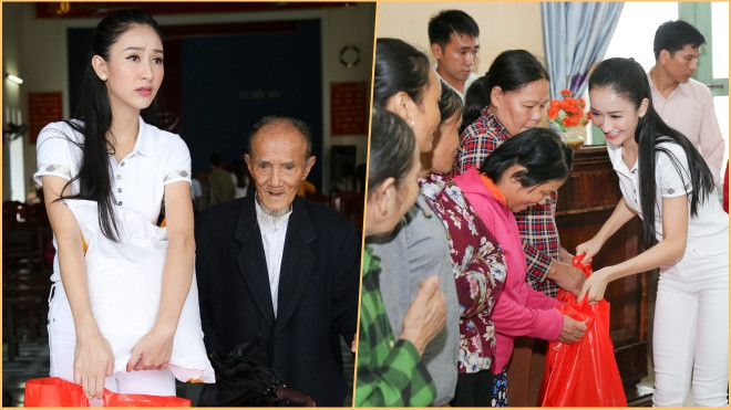 Á hậu Hà Thu không ngại mưa gió tặng quà, chia sẻ với bà con quê nhà Ảnh 2
