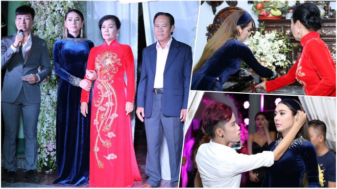 Lâm Khánh Chi diện áo dài tím nền nã, quyến luyến bố mẹ trong tiệc nhóm họ Ảnh 2