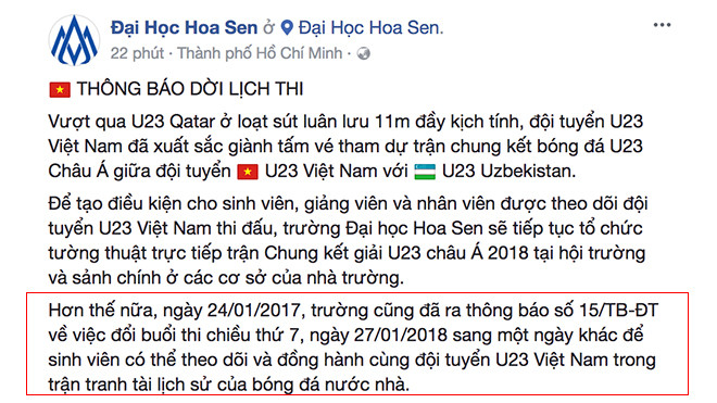 ĐH Hoa Sen huỷ lịch thi chiều thứ 7 để sinh viên tập trung cổ vũ U23 Việt Nam đá chung kết! Ảnh 2