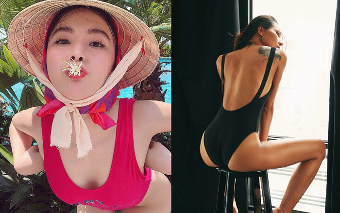 Phương Trinh diện đồ bơi đội nón lá khó hiểu, Minh Triệu tích cực 'mượn' áo tắm khoét sâu khoe đường cong Ảnh 2