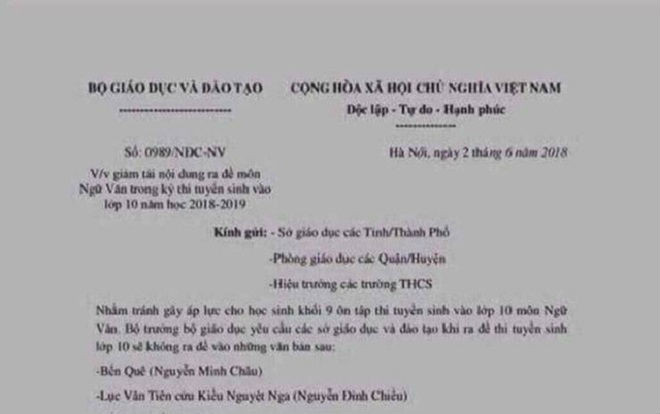 Bộ Giáo dục bị giả mạo công văn giảm tải đề thi Ngữ văn vào lớp 10 THPT Ảnh 2