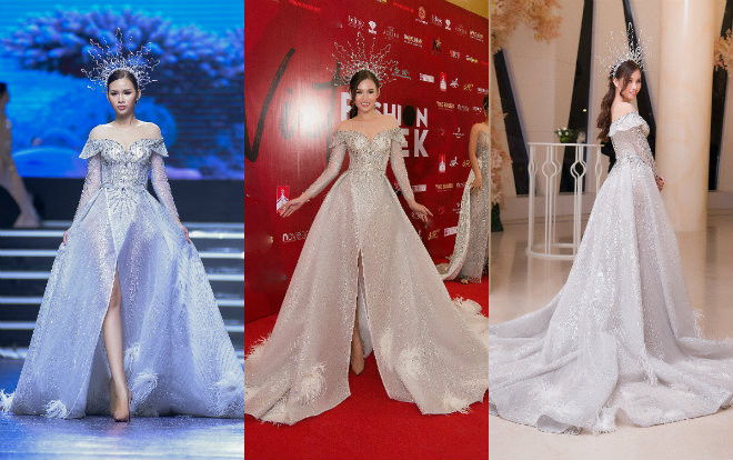 Á hậu 'siêu vòng ba' Thanh Trang diện váy dài tận 3 mét 'quét sạch' sàn diễn Ảnh 2