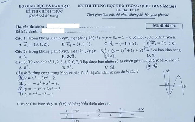 Bài giải đề thi môn Toán THPT quốc gia 2018 mã đề 120 Ảnh 2
