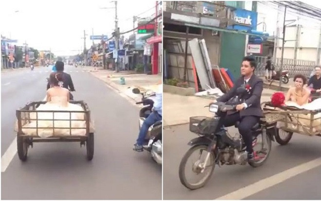 Clip chú rể đón dâu bằng xe kéo, cô dâu chẳng nề hà mà vẫn cười tươi khiến cộng đồng mạng thích thú Ảnh 2