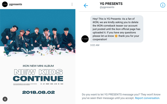 Chuyện như đùa: Làm lộ teaser iKON trên Instagram, YG 'tỉnh bơ' nhắn tin yêu cầu fan gỡ ảnh Ảnh 2