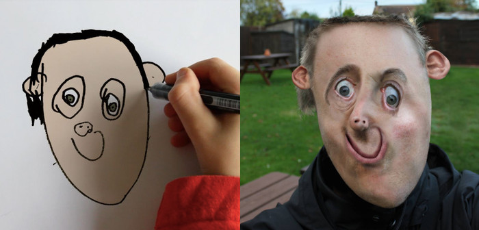 Ví dụ như trong tấm hình này, con trai anh đã vẽ một bức chân dung của chính Tom một cách cực kì dễ thương, thế nhưng dưới bàn tay Photoshop thì nó trở thành một tấm hình có thể làm người khác giật mình. Ảnh: BrightSide