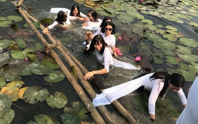 Dàn hàng ngang chụp ảnh trên chiếc cầu tre ọp ẹp, 8 cô gái diện áo dài lộn cổ xuống ao Ảnh 2
