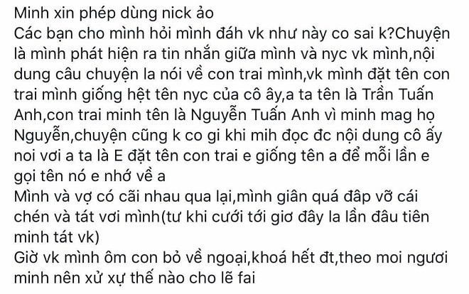 Vợ vô tư lấy tên người yêu cũ đặt cho con, anh chồng bức xúc đánh rồi đăng đàn hỏi dân mạng nên làm gì tiếp theo Ảnh 2