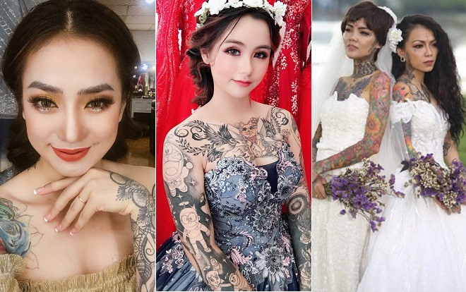 Cô dâu xăm trổ kín người vẫn cực kỳ xinh đẹp trong trang phục váy cưới gây sốt mạng xã hội Ảnh 2