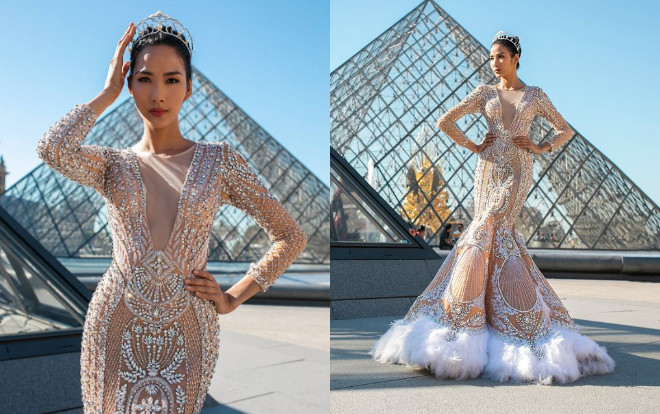 Hoàng Thùy diện váy đính kết nặng 10 kg tạo dáng như nữ thần giữa thủ đô Paris tráng lệ Ảnh 2