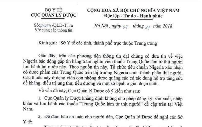 Bộ Y tế thông tin chính thức về 'thuốc từ thịt người' xuất xứ Trung Quốc Ảnh 2