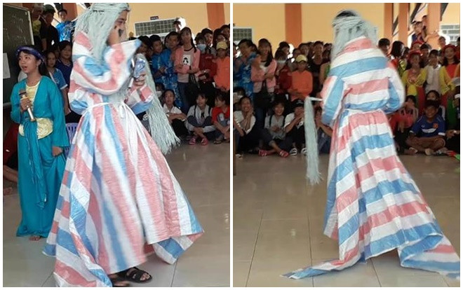 Góc văn nghệ mừng 20/11: 'Chết cười' với cảnh học sinh nghèo đem cả phông bạt lên sân khấu để diễn vai ông Bụt Ảnh 2