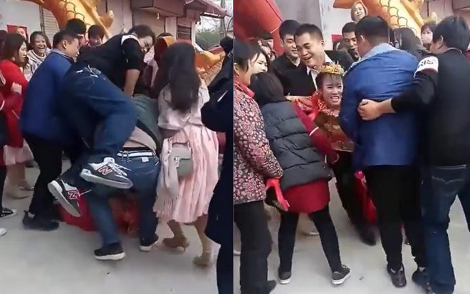 Đám khách nam thi nhau đè cô dâu xuống đất, trêu ghẹo khiến đám cưới hỗn loạn Ảnh 2