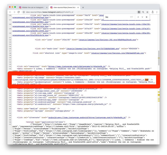 Bạn không cần đọc hết mã HTML này để có thể tải về một hình ảnh trên Instagram - tất cả những gì bạn cần làm tìm đến đường dẫn URL cho hình ảnh (định dạng JPG) mà bạn đang muốn tải về. Hãy cùng Control+F (trên Windows) hoặc Command+F (trên Mac) và tìm kiếm “JPG”. Nó thường là đường dẫn đầu tiên nằm trong trang này. Ở đây, bạn hãy copy đường dẫn bắt đầu bằng “https.” Ảnh: Business Insider