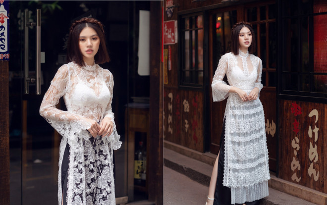 Jolie Nguyễn diện áo dài ren mỏng e ấp nội y, thả dáng trên phố Ảnh 2