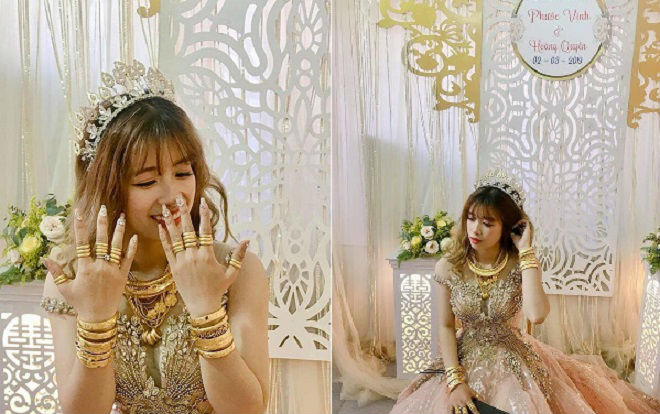 Cô dâu cười tít mắt khoe hàng chục vòng vàng, nhẫn vàng đeo đầy tay với cổ, xúng xính váy công chúa cạnh chú rể điển trai Ảnh 2