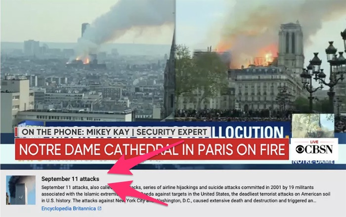 YouTube gây bất ngờ khi cho rằng hoả hoạn tại Nhà thờ Đức Bà có liên quan đến vụ khủng bố 11/9 Ảnh 2