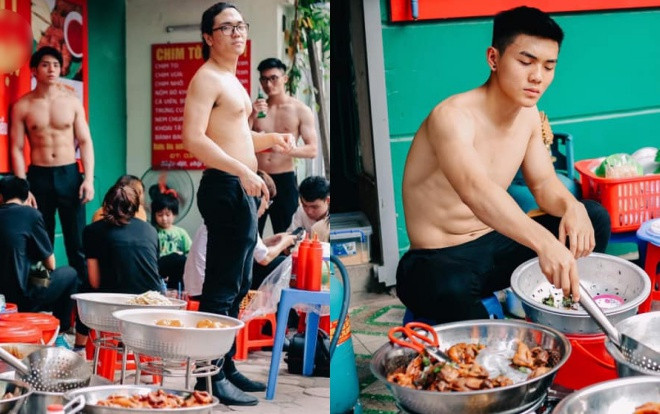 Cởi trần khoe body 6 múi cuồn cuộn giữa nắng nóng đổ lửa 40 độ, quán ăn lề đường Hà Nội gây xôn xao Ảnh 2