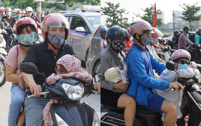 Trẻ nhỏ nằm gục trên xe máy cùng bố mẹ quay lại Hà Nội sau kỳ nghỉ lễ 30/4 Ảnh 2