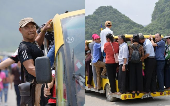 Cảnh phật tử đứng ngồi chật kín xe điện vào chùa Tam Chúc trong ngày Đại lễ Phật đản Vesak 2019 Ảnh 2