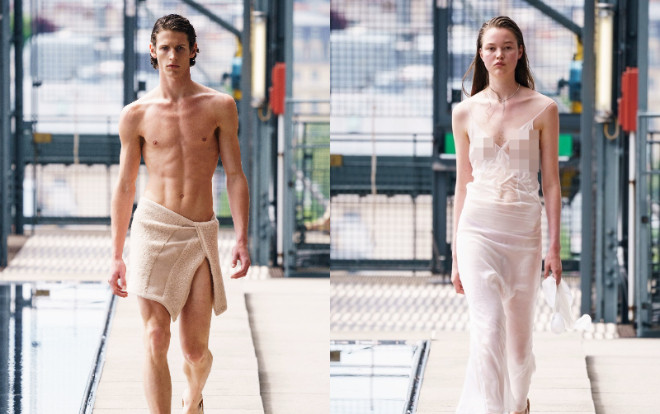 Dàn người mẫu gần như khỏa thân, quấn khăn, lộ vòng 1 trên sàn diễn Tuần lễ thời trang Paris Ảnh 2