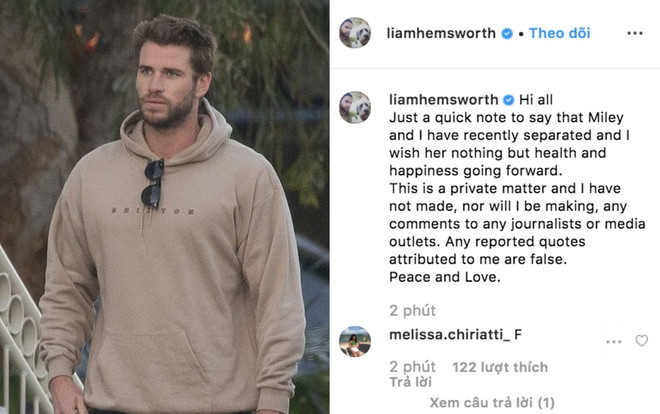 Liam Hemsworth lần đầu lên tiếng hậu ly hôn Miley Cyrus Ảnh 2