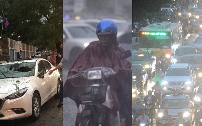 Chùm ảnh: Cây bật gốc trên đường, giao thông trên phố Hà Nội 'tê liệt' sau mưa giông do bão số 4 Ảnh 2