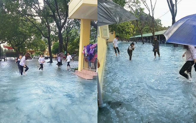 Trời mưa trường học bỗng biến thành sông, học sinh nhanh trí nghĩ xem nên đi xuồng hay buộc thân cây chuối đi học thì hợp lí? Ảnh 2