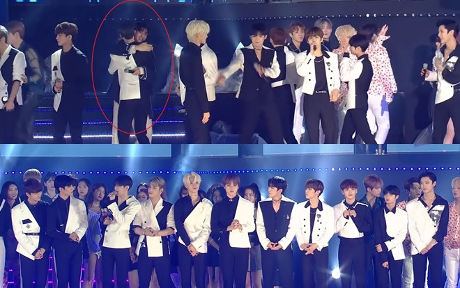 X1 giành cúp đầu tiên sau 5 ngày debut, Song Yoo Bin (Produce X 101) ôm chặt Han Seung Woo trên sân khấu Ảnh 2