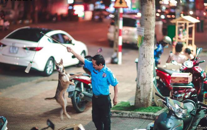 Giữa những vội vã của cuộc sống, hình ảnh bác bảo vệ thoải mái chơi đùa cùng chú chó bên vỉa hè khiến nhiều người cảm động Ảnh 2
