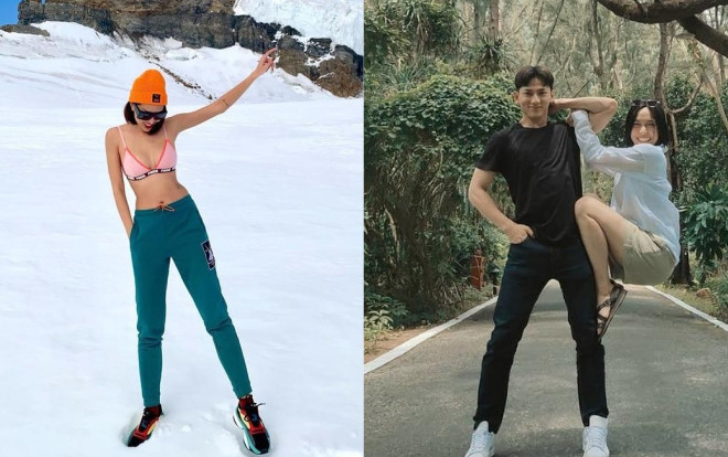 Diệu Nhi 'trèo bám' lên người Isaac, Minh Triệu 'chơi lớn' khi diện áo bơi giữa trời băng tuyết Ảnh 2
