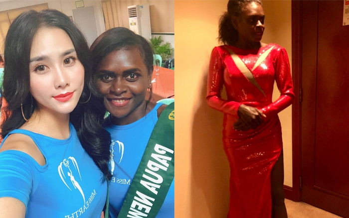 Hoàng Hạnh tặng giỏ xách, cho đại diện Papua New Guinea mượn váy tại Miss Earth Ảnh 2