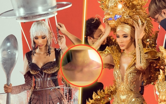 Hoàng Thùy trầy xước, bầm tím người vì gồng mình thử 3 bộ National Costume: Bản lĩnh và chuyên nghiệp! Ảnh 2