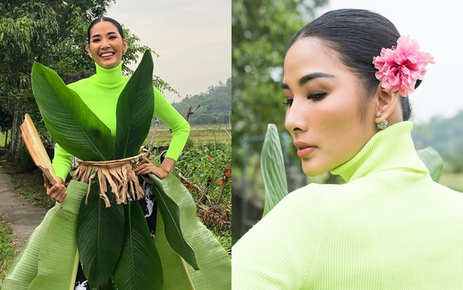 Cài hoa dâm bụt 'vừa đỏ vừa thơm', Hoàng Thùy catwalk vui nhộn với trang phục dân tộc 'tự chế' Ảnh 2