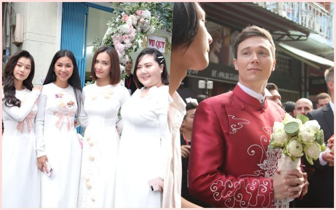 Hôn lễ Hoàng Oanh: Dàn phù dâu rạng rỡ khoe sắc, chú rể điển trai diện áo dài truyền thống Ảnh 2