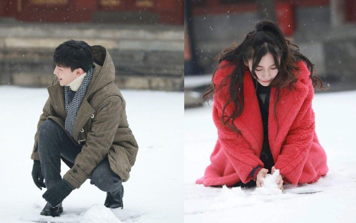 Đặng Luân, Angelababy chơi đùa như những đứa trẻ khi nặn người tuyết tại Cố Cung Ảnh 2