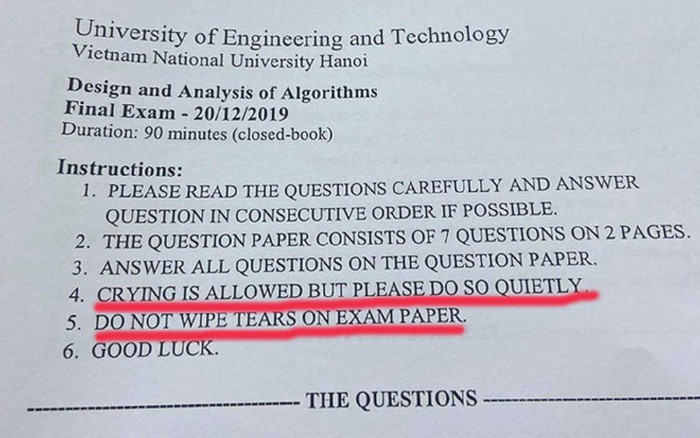 Bật cười trước lời nhắn 'khóc cũng được nhưng khóc bé thôi' trên giấy thi của thầy cô Đại học Công nghệ - Đại học Quốc gia Hà Nội Ảnh 2