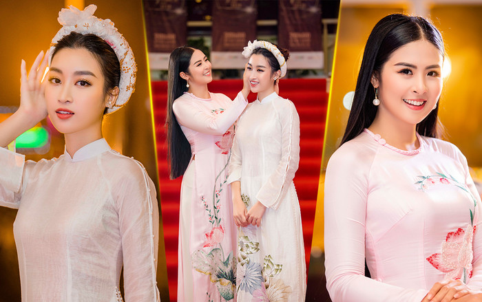 Đỗ Mỹ Linh diện áo dài xinh như mộng, được đàn chị Ngọc Hân ân cần chỉnh trang phục Ảnh 2