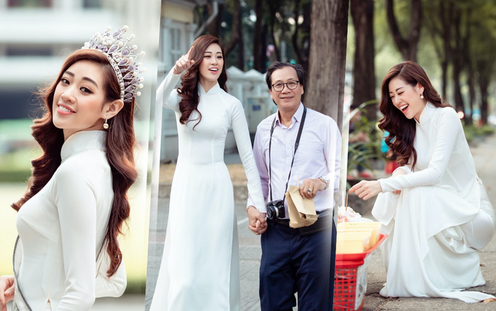 Hoa hậu Khánh Vân diện áo dài trắng đẹp dịu dàng dạo phố cùng bố, tiết lộ về hoa tai may mắn Ảnh 2