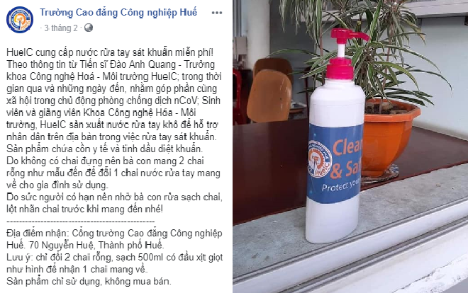 Trường Cao đẳng Công nghiệp Huế nghiên cứu, sản xuất và phát miễn phí dung dịch rửa tay khô phòng virus Corona Ảnh 2
