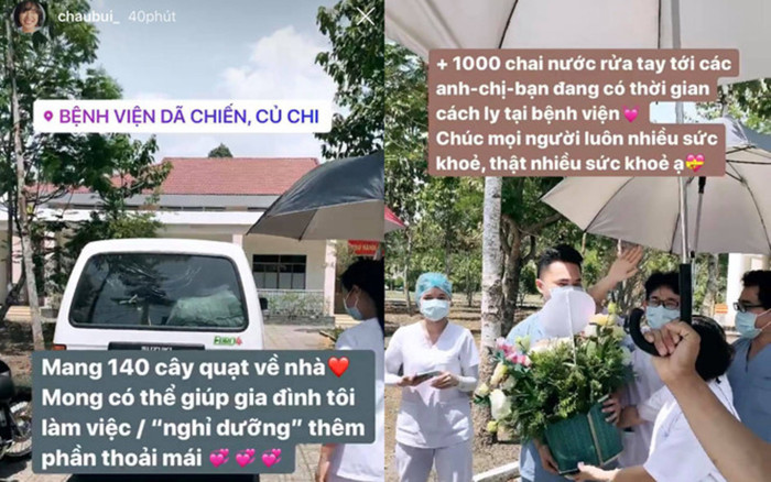 Châu Bùi trở lại bệnh viên từng cách ly 14 ngày, tặng 140 quạt cây, 1000 chai nước rửa tay Ảnh 2