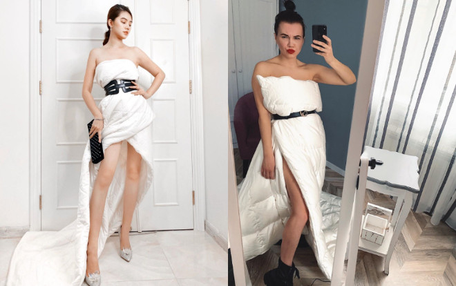 Mốt quấn gối chưa hạ nhiệt, phái đẹp tiếp tục lấy mền làm váy dạ hội rộ đầy trên mạng Ảnh 2