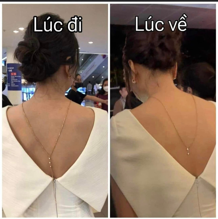 Lê Dương Bảo Lâm còn đăng tải ảnh ghép của Mỹ Tâm trước và sau sự kiện. Dễ dàng nhận thấy dây chuyền của nữ ca sĩ đã bị đứt một đoạn ở phía sau so với thời điểm ban đầu