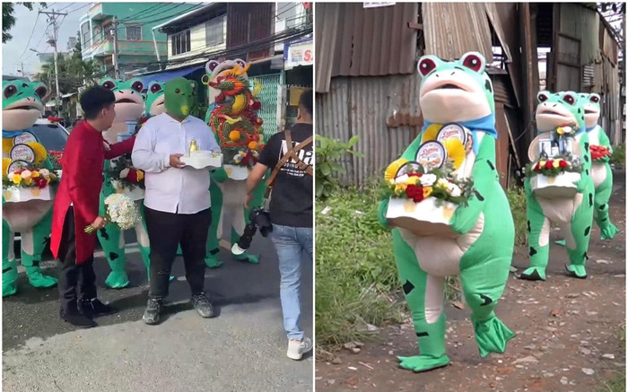 Đi xin dâu, chú rể khiến CĐM tranh cãi khi để dàn bưng tráp mặc đồ chú ếch xanh Ảnh 2