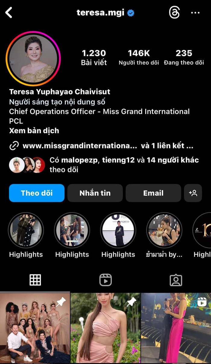Bà Teresa từng hết lời khen ngợi Hoa hậu Thuỳ Tiên. Không những thế, phó Chủ tịch người Thái Lan còn dành hẳn một bài viết dài, ghim trên tài khoản Instagram cá nhân dành cho mỹ nhân Việt. 