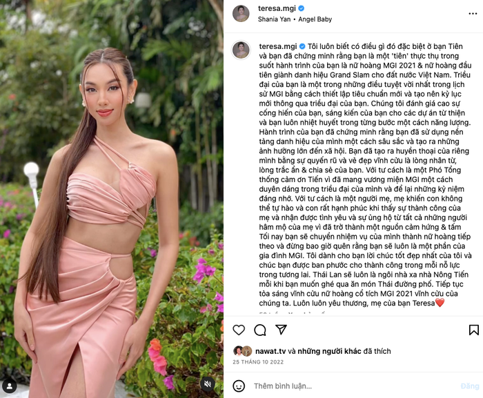 Nguyên văn status của bà Teresa dành cho Miss Grand International 2021 Thuỳ Tiên.