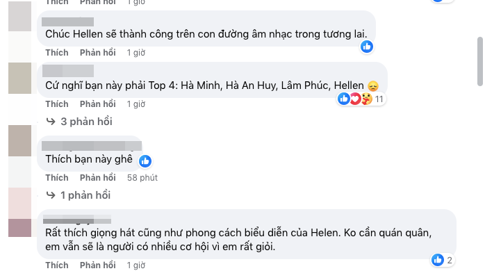 Những bình luận của khán giả bày tỏ sự tiếc nuối dành cho Vũ Hiền Hellen.
