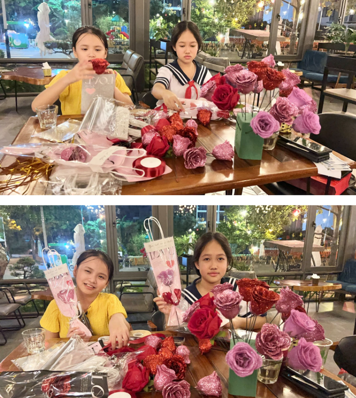 Nữ sinh tự tay làm những bông hoa tươi thắm để gửi tặng đến các bà, các cô lao công nhân dịp Ngày Phụ nữ Việt Nam 20/10