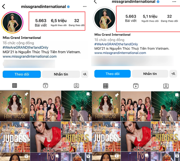 Trang chủ Miss Grand International theo đó cũng giảm sút mạnh lượt theo dõi.
