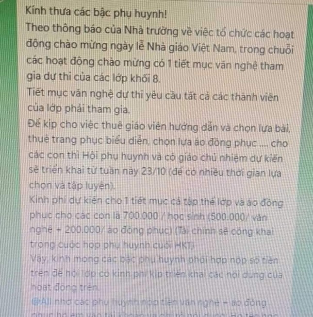 Thông tin phụ huynh đứng ra kêu gọi nộp 700.000 đồng/học sinh để phục vụ hoạt động văn nghệ 20/11